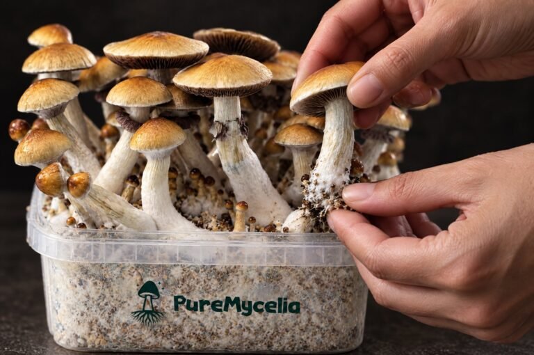 Harvesting a golden-capped mushroom from the PureMycelia grow kit