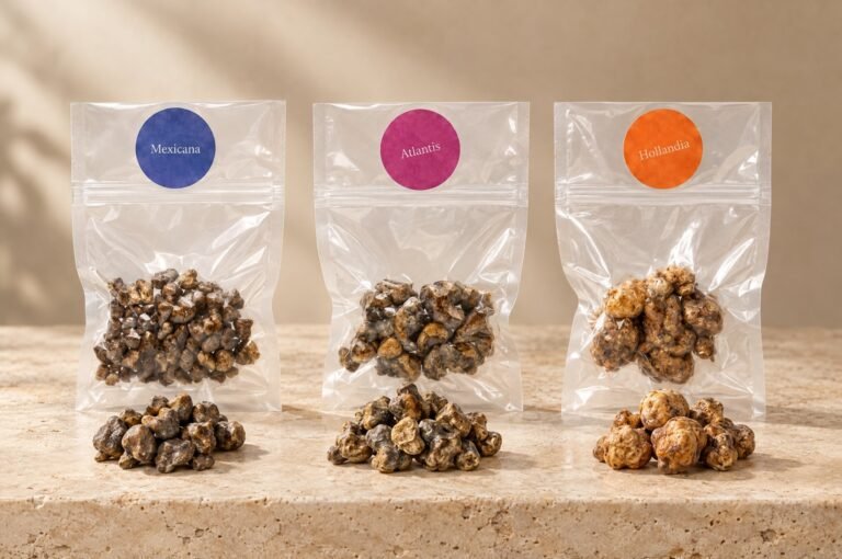 Mexicana, Atlantis and Hollandia truffle packs side by side
