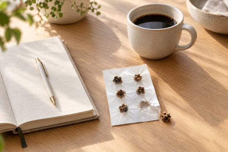 Microdosing truffle strip next to a morning coffee and notebook